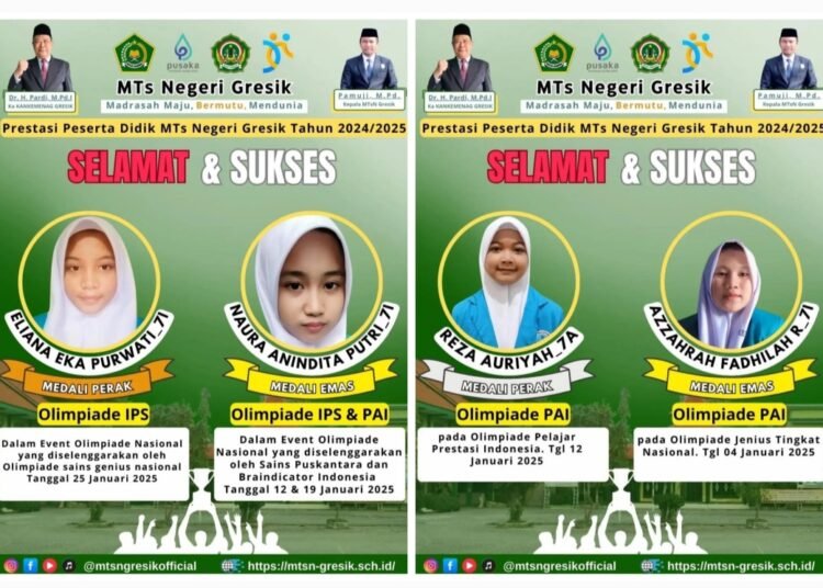 Selamat dan Sukses !! 4 Siswa MTsN Gresik Berhasil Raih Medali di Ajang Kompetisi Tingkat Nasional