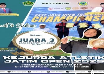 Taklukkan Ratusan Peserta, Nienda Meisha MAN 2 Gresik Raih Juara 3 Lari Estafet 4×400 Meter Putri di Kejurda Atletik Jatim Open 2025