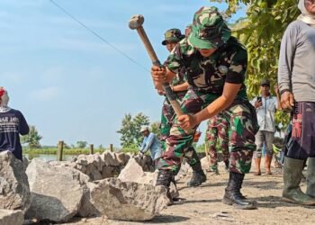 Semangat Kerja Keras, Satgas TMMD Kodim 0817/Gresik Kebut pembangunan Tanggul Penahan Tanah di Dusun Bareng Banter Benjeng