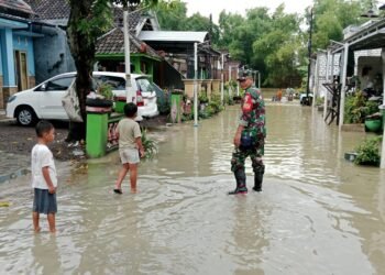 Babinsa Sigap Monitoring Wilayah Terdampak Banjir Luapkan Kali Lamong di Balongpanggang