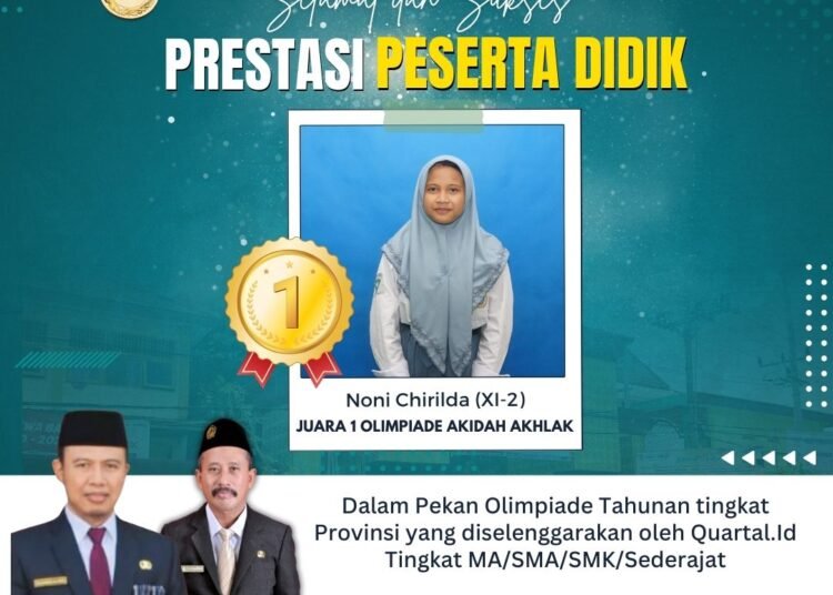 Alhamdulillah, Noni Chirilda Siswi MAN 1 Gresik Sukses Raih Juara 1 Olimpiade Akidah Akhlak Se-Jawa Timur
