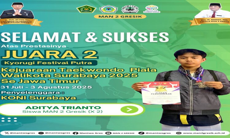 Hebat !! Aditya Trianto Siswa MAN 2 Gresik Raih Juara 2 Kejuaraan Taekwondo Piala Walikota Surabaya