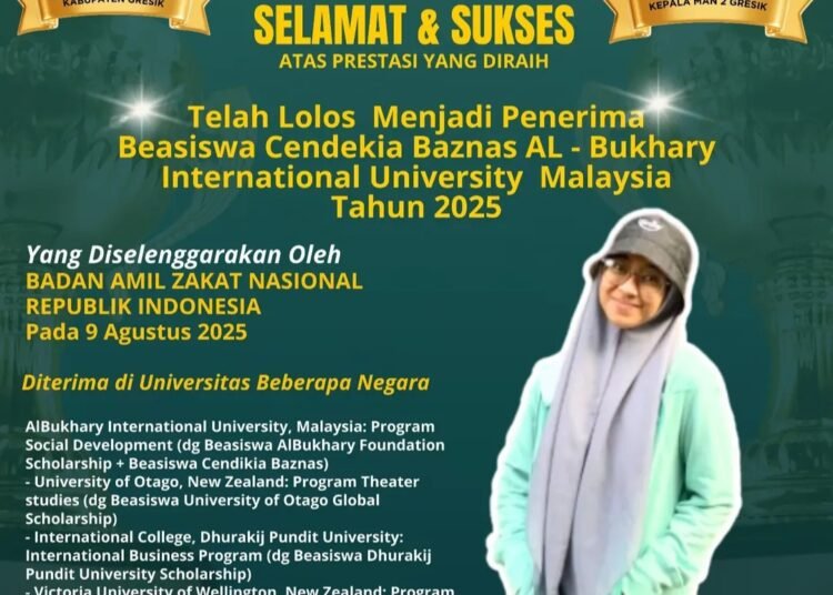 Hebat !! Lillah Maghfirotul Karimah Siswi MAN 2 Gresik Raih Beasiswa Cendekia Baznas 2025 dan Diterima di 4 Universitas Luar Negeri Ternama