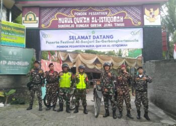 Kolaborasi TNI-Banser Amankan Gelaran Syiar Maulid Yayasan Nur Muhammad Ponpes Nurul Qur’an Al-Istiqomah Sukorejo Bungah