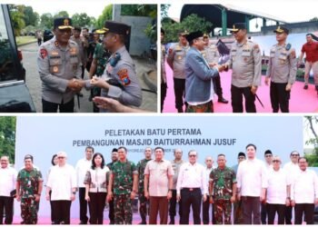 Kapolres Gresik Dampingi Menteri Pertahanan Peletakan Batu Pertama Masjid Al Yusuf di Bambe Driyorejo