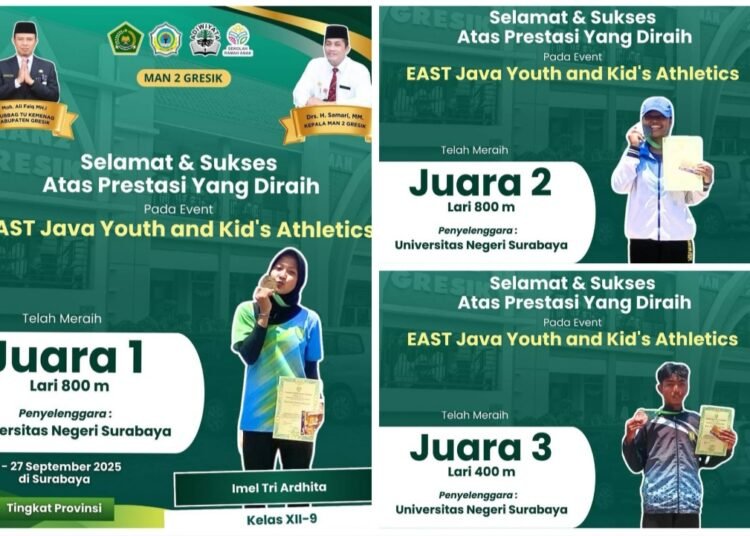 Sapu Bersih !! Tim Atletik MAN 2 Gresik Sabet Juara 1, 2, dan 3 di Ajang East Java Youth and Kid’s Athletics UNESA 2025