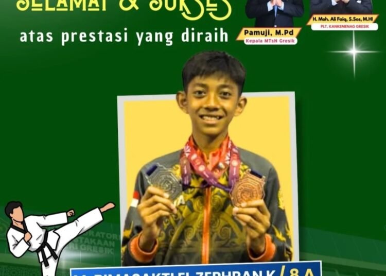 Bimasakti Siswa MTsN Gresik Benar-benar Sakti Sabet Dua Juara Sekaligus di Kejuaraan Taekwondo Antar Pelajar se-Jawa Timur