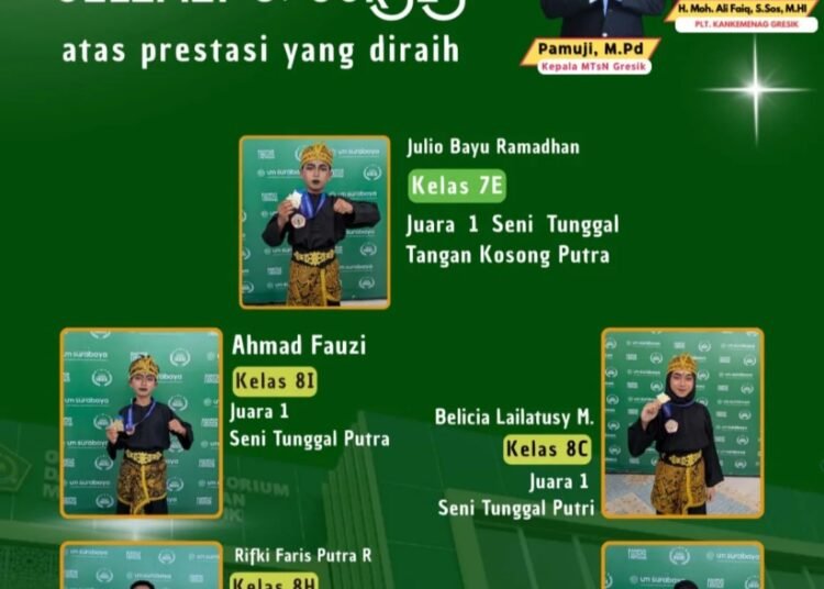 Hebat !! 5 Pesilat Muda MTsN Gresik Sabet Juara di Ajang Kejuaraan Pencak Silat Tingkat Nasional