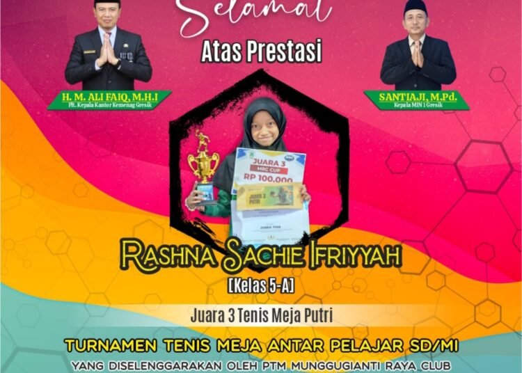 Rashna Sachie Siswa MIN 1 Gresik Sabet Juara 3 Turnamen Tenis Meja Tingkat Kabupaten