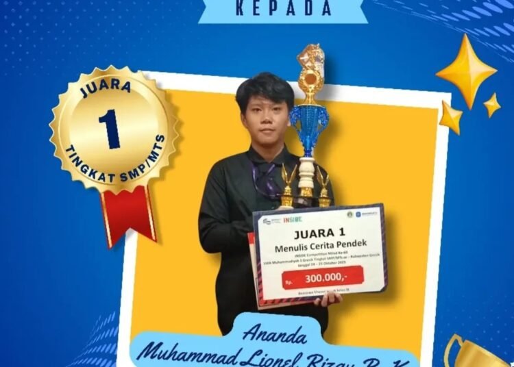 Top !! Muhammad Lionel Rizqy Siswa SMPN 4 Gresik Sukses Raih Juara 1 Lomba Menulis Cerpen Tingkat Kabupaten