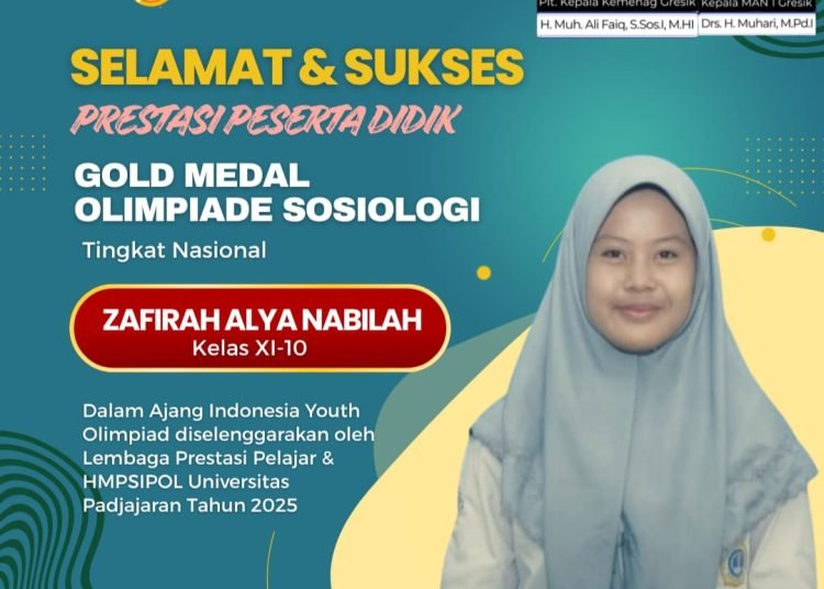 Zafirah Alya Nabilah Siswa MAN 1 Gresik Raih Medali Emas Olimpiade Sosiologi Tingkat Nasional