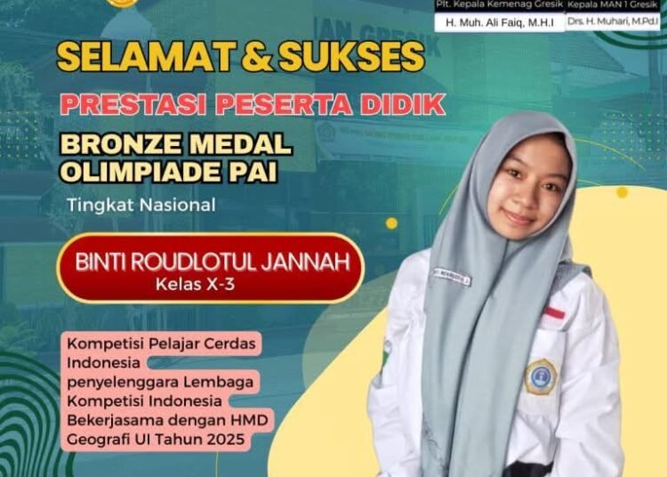 Prestasi di Pengujung Tahun, Binti Roudlotul Jannah Siswi MAN 1 Gresik Raih Bronze Medal Olimpiade PAl Tingkat Nasional
