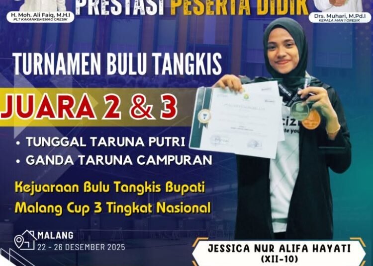Jessica MAN 1 Gresik Raih Dua Gelar sekaligus Kejuaraan Bulu Tangkis Bupati Malang Cup ke-3 Tingkat Nasional