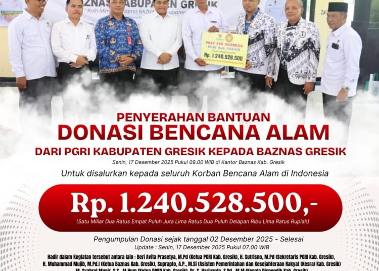 PGRI Gresik Serahkan Bantuan Kemanusiaan Korban Bencana ke Baznas Gresik Lebih dari Rp 1,2 Miliar