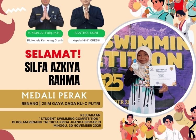Prestasi Membanggakan !! Siswa MIN 1 Gresik Raih Medali Perak Kejuaraan “Student Swimming Competition”