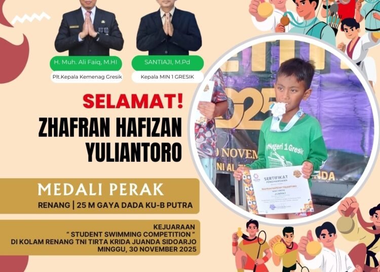 Lagi-lagi Ukir Prestasi !! Zhafran Siswa MIN 1 Gresik Raih Medali Perak Kejuaraan “Student Swimming Competition”