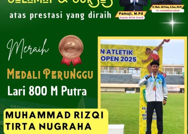 Muhammad Rizqi Siswa MTsN Gresik Sabet Medali Perunggu Kejuaraan Atletik Bupati Tuban Cup Open 2025