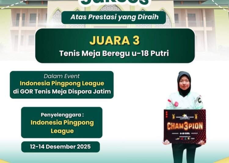 Rahma Dewi Zahrotunisa Siswi MAN 2 Gresik Raih Juara 3 Kejuaraan Tenis Meja Tingkat Nasional