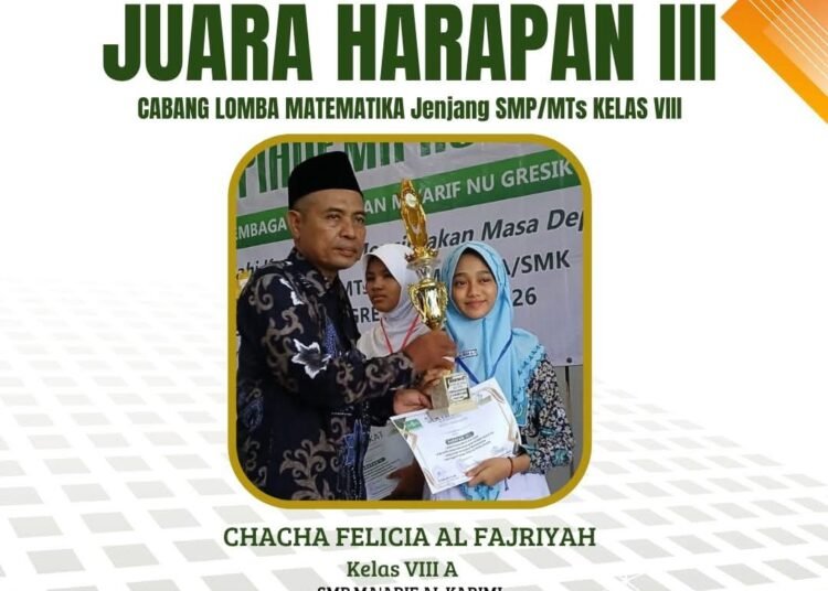 Chacha Felicia Siswi SMP Ma’arif Alkarimi Gresik Raih Juara Harapan III Lomba Matematika Tingkat Kabupaten