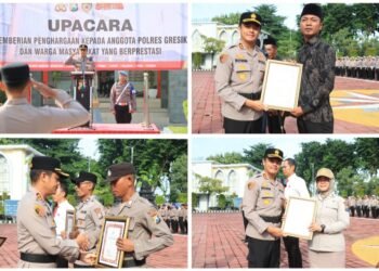 Jelang Promosi Jabatan ke Mabes Polri, Kapolres Gresik Berikan Penghargaan kepada Anggota dan Warga Teladan
