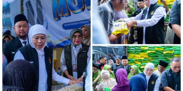 Kunjungi Pasar Murah di Banjarsari, Bupati Gus Yani dan Gubernur Khofifah Bagi-bagi Telur dan Beras