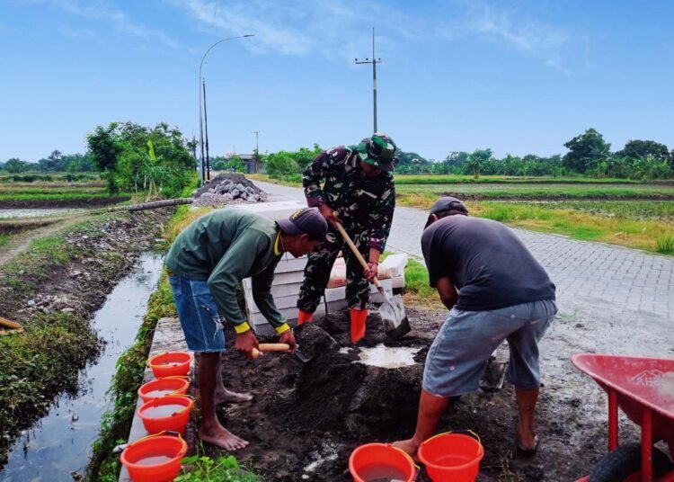 Penuh Semangat Bercucuran Keringat Babinsa Kedamean Bantu Warga Bangun Plengsengan Jalan Pertanian