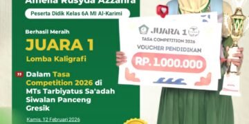 Istimewa !! Amelia Rusyda Azzahra Siswi MI Alkarimi Gresik Raih Juara 1 Lomba Kaligrafi Tingkat Kabupaten