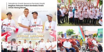 Petrokimia Gresik Bersama Pemkab Gresik Bagikan Ratusan Paket Sembako Gratis untuk Abang Becak