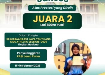 Zazkia Putri MAN 2 Gresik Raih Juara 2 Lari 800 M Kejuaraan East Java Youth and Kids Athletic Session 1 2026 Tingkat Nasional