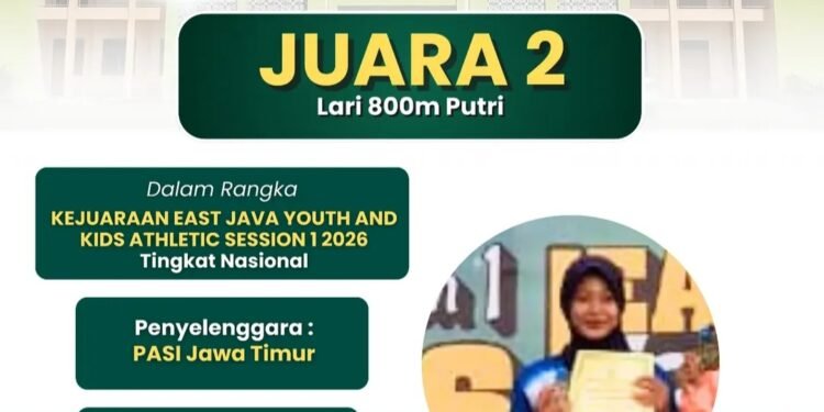 Zazkia Putri MAN 2 Gresik Raih Juara 2 Lari 800 M Kejuaraan East Java Youth and Kids Athletic Session 1 2026 Tingkat Nasional