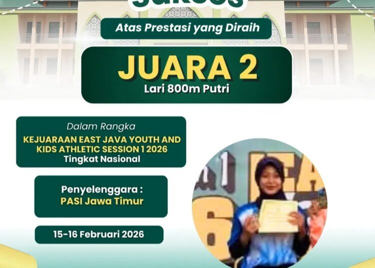 Zazkia Putri MAN 2 Gresik Raih Juara 2 Lari 800 M Kejuaraan East Java Youth and Kids Athletic Session 1 2026 Tingkat Nasional