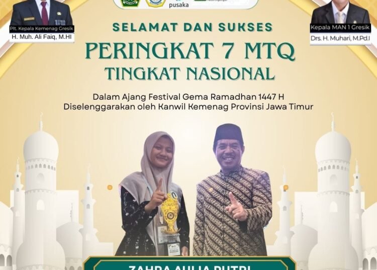 Zahra Aulia Putri, Siswi MAN 1 Gresik Raih Peringkat 7 MTQ Tingkat Nasional Tahun 2026