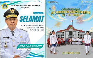 Camat Benjeng Ucapkan Selamat HUT ke-52 Pemkab Gresik dan Hari Jadi ke-539 Kota Gresik