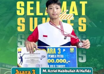 Joosss !! Azriel Habibullah Al-Hafidz Murid MTsN Gresik Raih Juara 3 Kejuaraan Bulu Tangkis Tingkat Jawa Timur