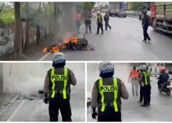 Josss !! Aksi Cepat Satlantas Polres Gresik Padamkan Motor Terbakar di Depan Terminal Bunder