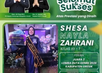 Shesa Nayla Zahrani, Siswi MAN 2 Gresik Sandang Mahkota Juara 2 Duta GenRe Kabupaten Gresik 2026