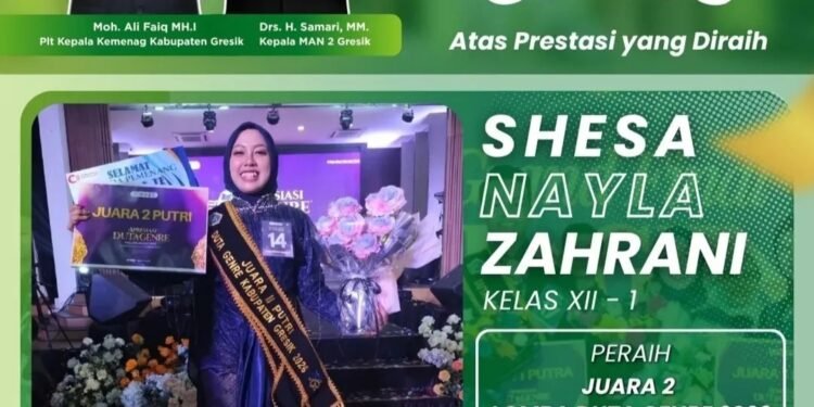 Shesa Nayla Zahrani, Siswi MAN 2 Gresik Sandang Mahkota Juara 2 Duta GenRe Kabupaten Gresik 2026