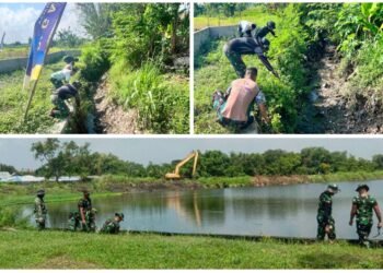 Satgas TMMD ke-128 Bersama Warga Bersihkan Saluran Irigasi dari Tumpukan Sampah, Lumpur, serta Tanaman Liar