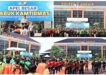 Amankan Kota Santri !! Kapolres Gresik Pimpin Apel Besar Diikuti Perguruan Silat, Banser, Kokam, Pemuda Pancasila, Grib Jaya hingga Madas