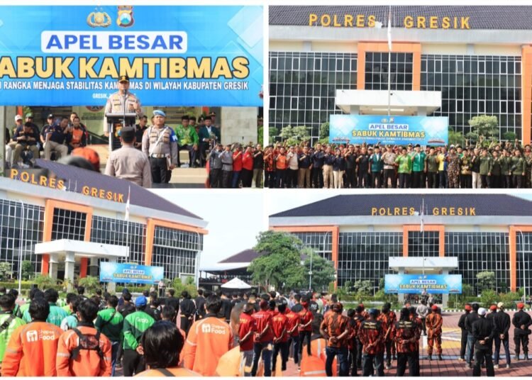 Amankan Kota Santri !! Kapolres Gresik Pimpin Apel Besar Diikuti Perguruan Silat, Banser, Kokam, Pemuda Pancasila, Grib Jaya hingga Madas