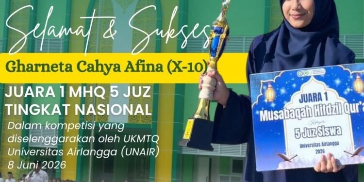 Prestasi Membanggakan !! Gharneta Cahya Afina MAN 1 Gresik Kembali Raih Juara 1 MHQ 5 Juz Tingkat Nasional
