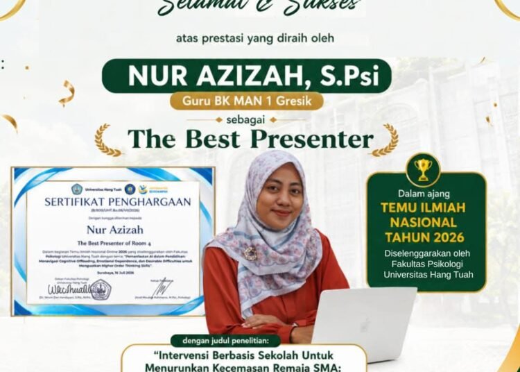 Inilah Nur Azizah, S.Psi, Guru BK MAN 1 Gresik Raih The Best Presenter di Ajang Temu Ilmiah Nasional 2026
