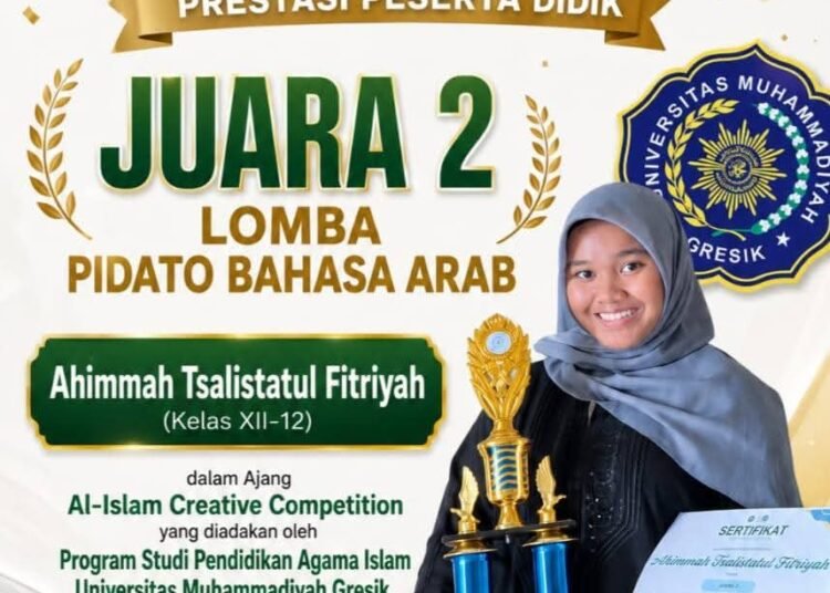 Siswi MAN 1 Gresik Ahimmah Tsalistatul Fitriyah Raih Juara 2 Lomba Pidato Bahasa Arab Tingkat Jawa Timur 