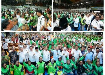 Lautan Ojol Sumringah Dapat Bantuan Paket Sembako dari Petrokimia Gresik dan Kemenko Pangan RI