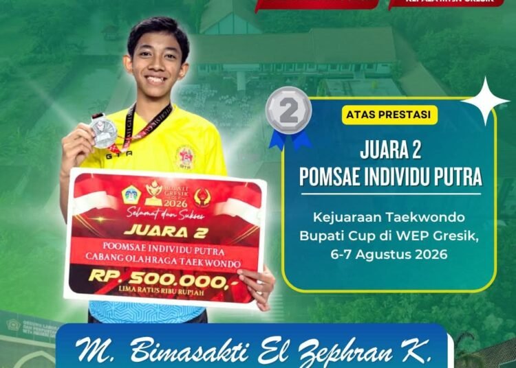 Inilah Kesaktian Bimasakti, Murid MTsN Gresik Sabet Juara 2 Kejuaraan Taekwondo Bupati Cup 2026