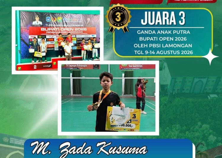 M. Zada Kusuma Siswa MTSN Gresik Raih Juara 3 Ganda Anak Putra Bupati Open 2026