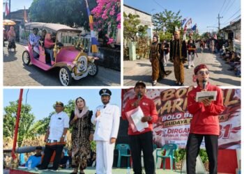 Naik Mobil Klasik, Kades Bolo Ujungpangkah Bersama Istri Tercinta Ikut Pawai Karnaval HUT ke-81 Kemerdekaan RI