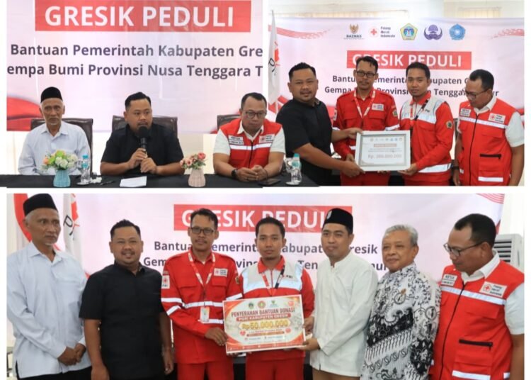 Gresik Peduli !! Bupati Gus Yani Bersama Baznas, PGRI, dan PMI Salurkan Bantuan Senilai Rp250 juta untuk Korban Gempa NTT