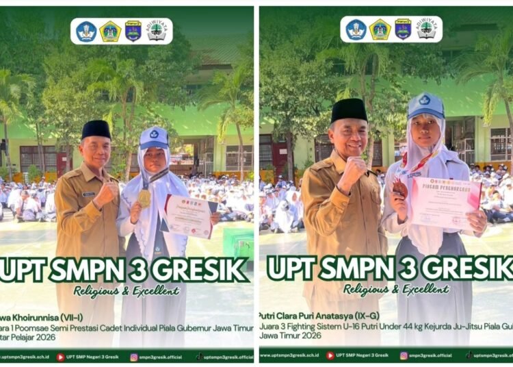 Najwa dan Putri Siswi UPT SMPN 3 Gresik Sukses Raih Juara Taekwondo dan Jujitsu Piala Gubernur Jatim