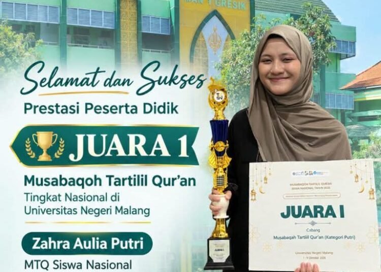 Istimewa !! Zahra Aulia Putri Siswi MAN 1 Gresik Raih Juara 1 Musabaqah Tartil Qur’an Tingkat Nasional